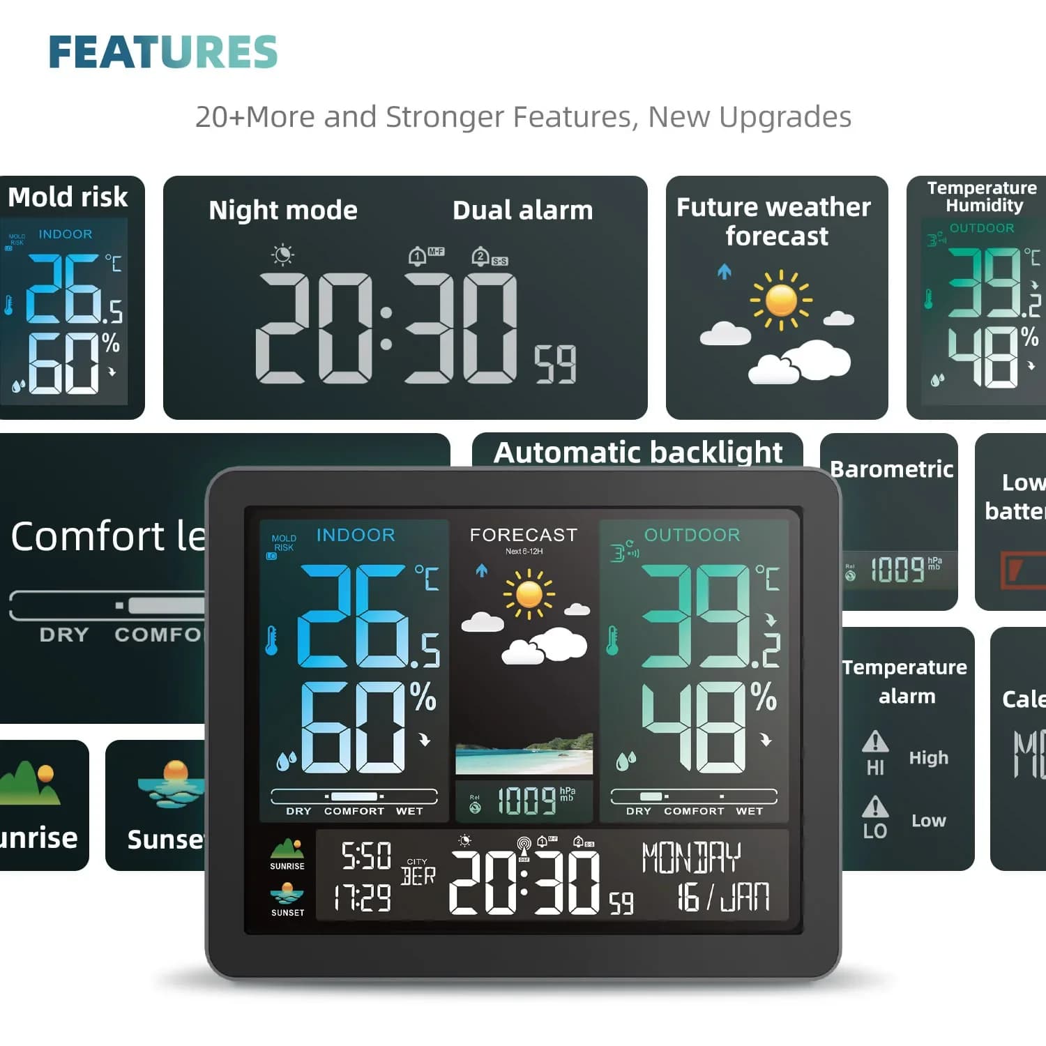 Digital Alarm Clock Weather Forecast Station Temperature Humidity Electronic Wall Table Watch Sunrise SunsetTime Wireless Sensor