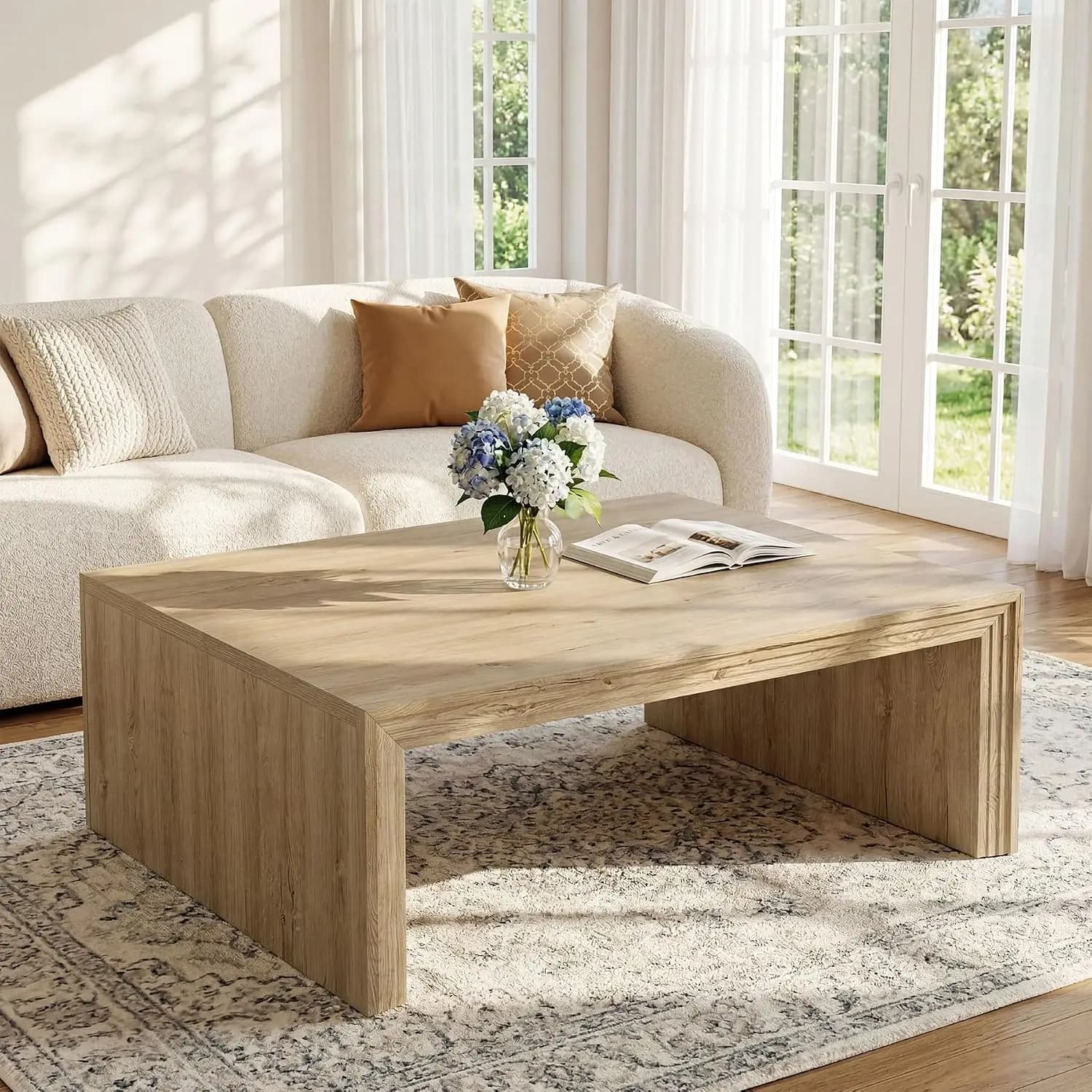 47-Inch Rectangle Coffee Table, Farmhouse Wooden Rectangular Center Table with Spacious Tabletop, Large Center Cocktail Furnitur