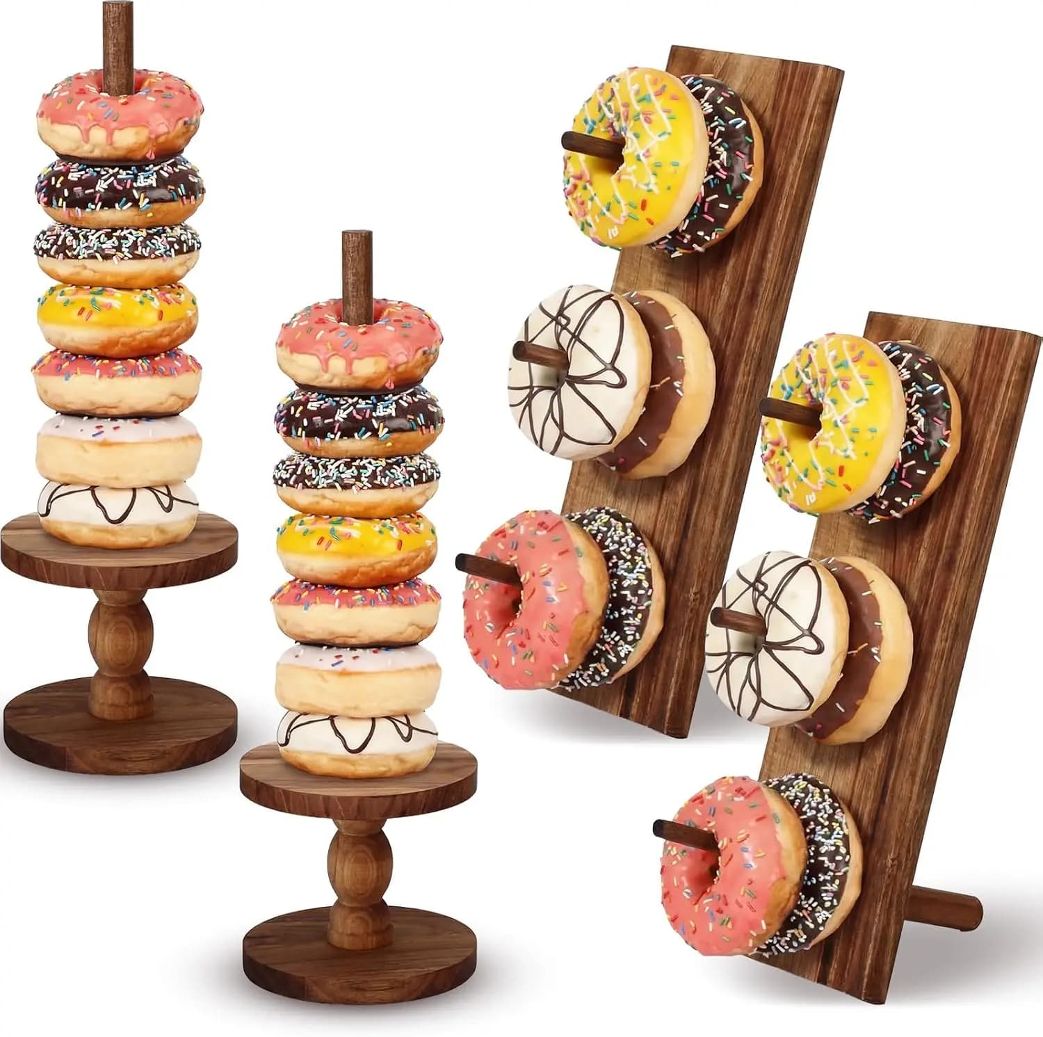 4 Pcs Donut Stand Acacia Wood Display Dessert Donut Wall Holders Bagel Stand Display Table Decoration for Party,Birthday,Wedding