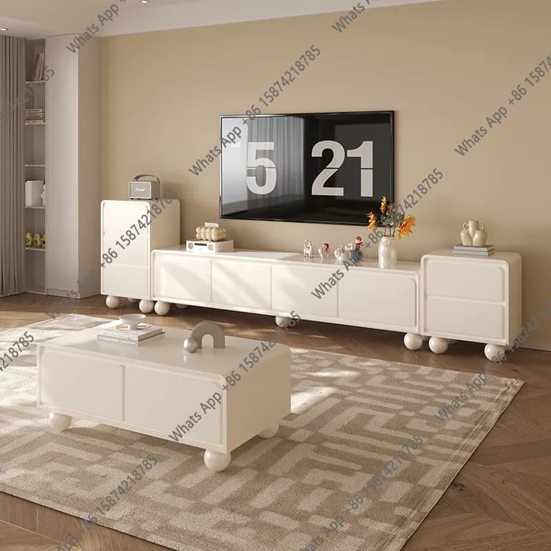 French cream style new TV cabinet coffee table combination living room floor white TV cabinet storage household