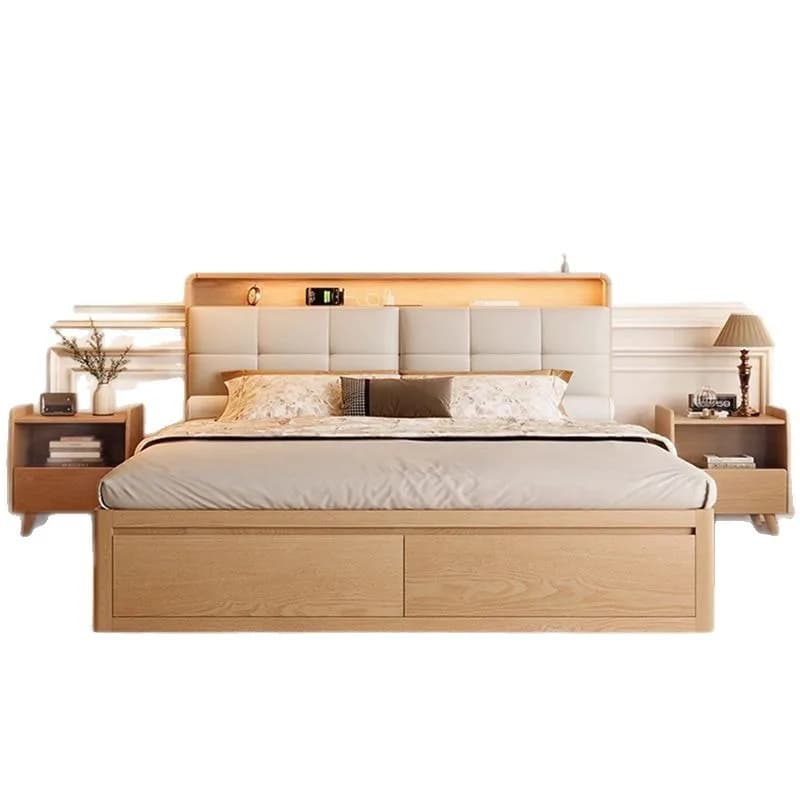 Log high box storage bed with sensor light soft bag bedside box