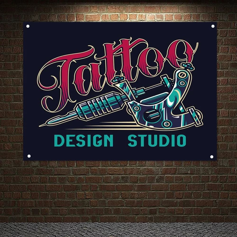 Vintage Tattoo Studio Colorful Print Banner Flag Wall Art Professional Tattoo Machine Dark Background Poster Tapestry Wall Decor