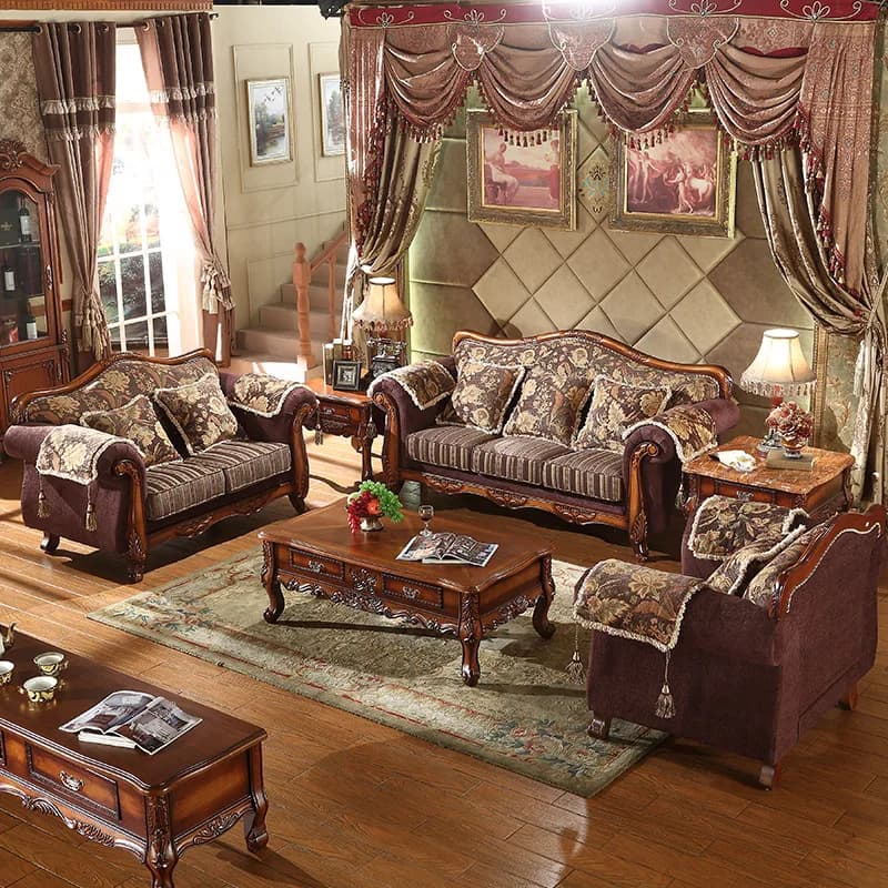 HYS European fabric sofa solid wood carving flower American small apartment living room home combination log color sofa