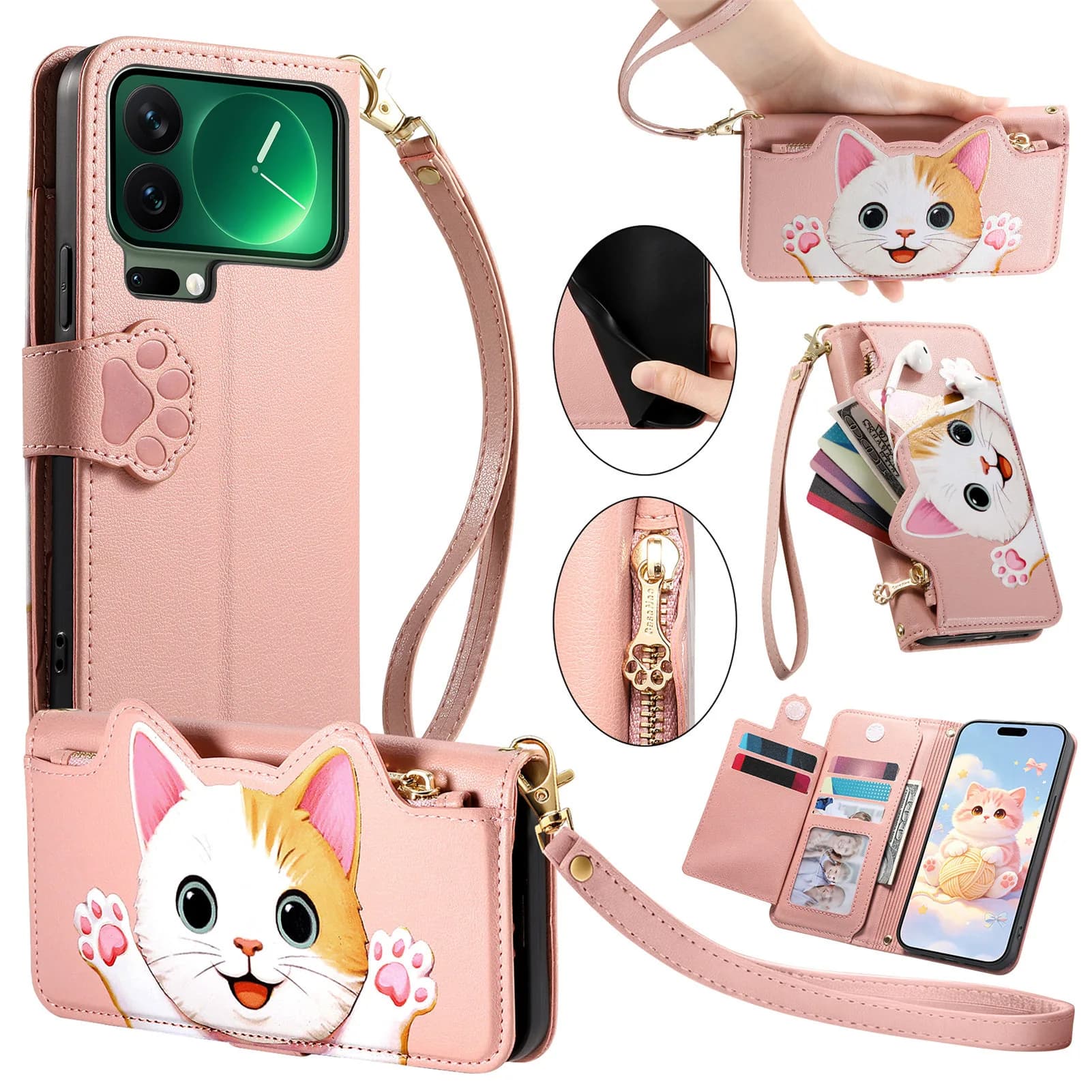 Detachable Wristband with Magnetic Flip Cover for Xiaomi 17 Pro Max/15 14 Ultra/15S Pro with Wallet Card Slots