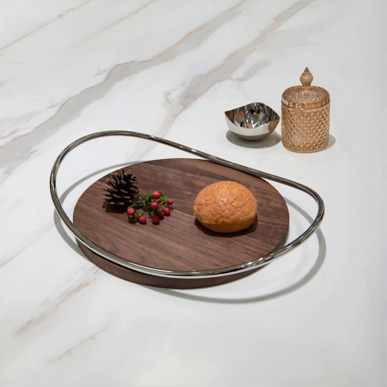 High-grade walnut tray Mobius stainless steel tray handicraft ornament model room decorative tableware tray