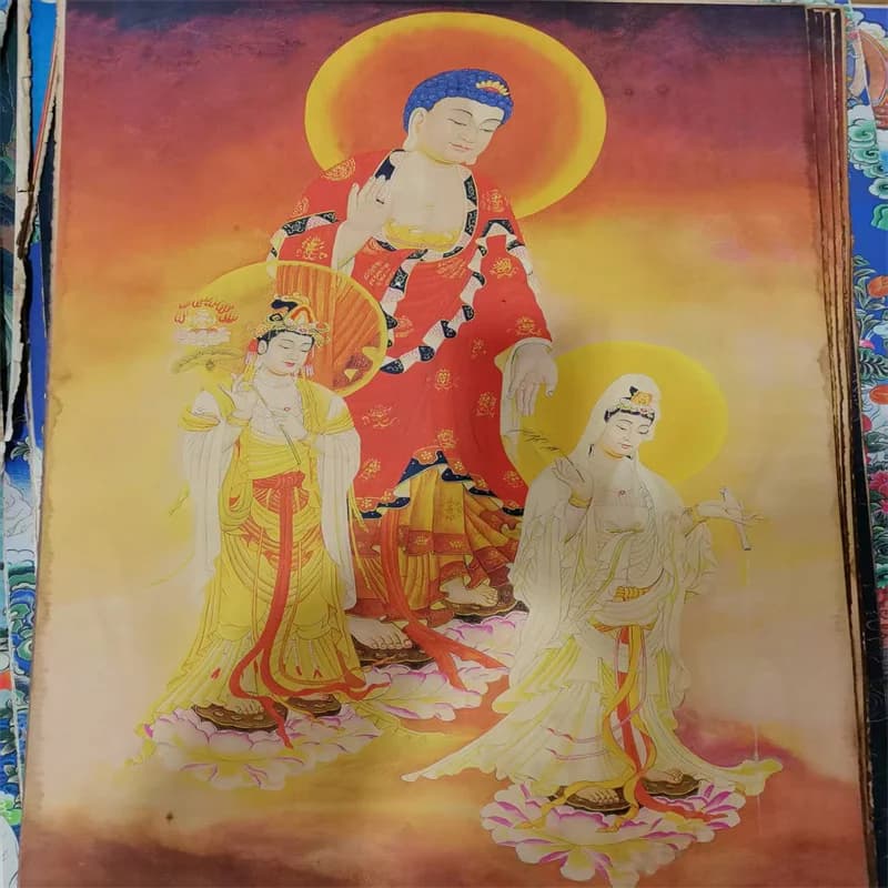 Tibet fine The Three Saints of the West hand-painted kraft paper old Thangka