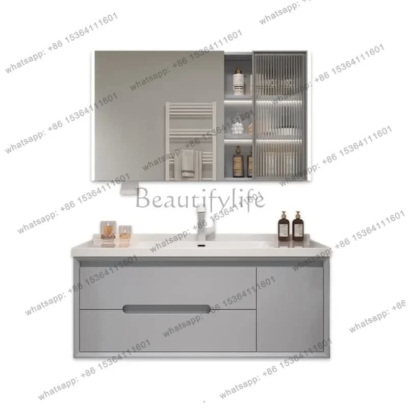 Cream wind toilet washstand Solid wood bathroom cabinet Rock slab ceramic seamless integrated basin Smart mirror cabinet