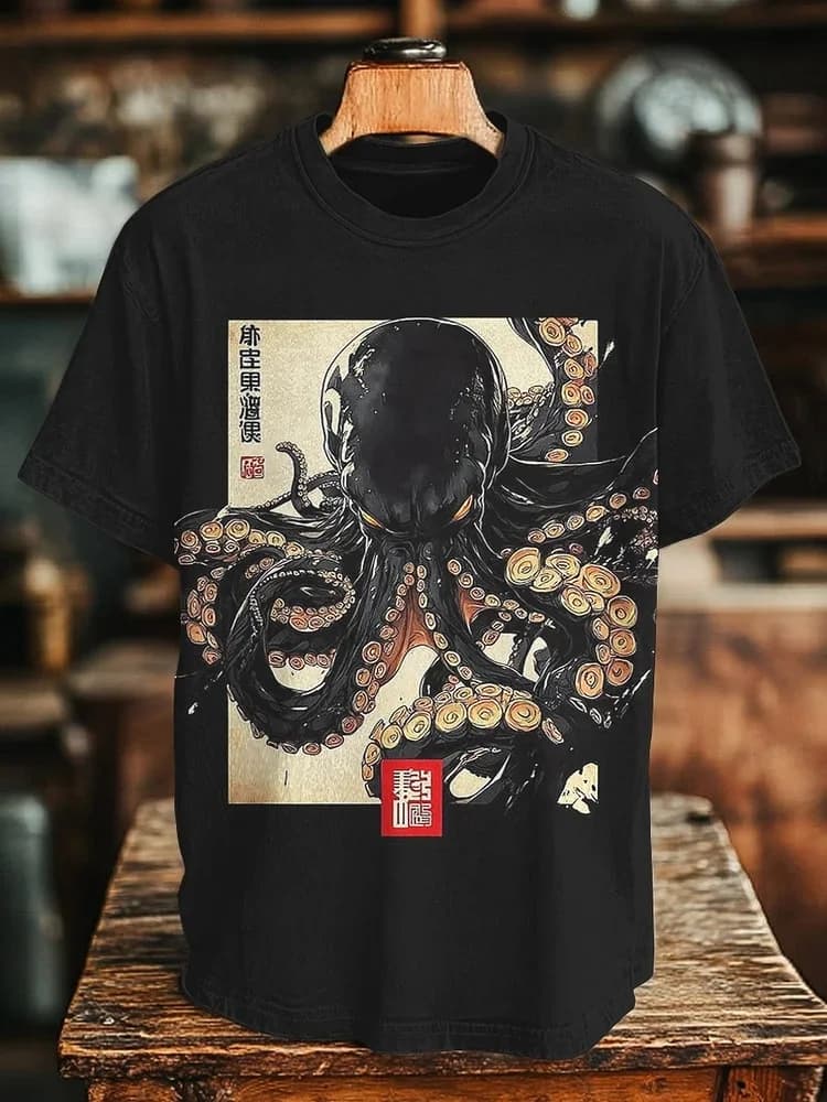 Men's Dark Octopus Japanese Art Print T-Shirt 100% Polyester Retro Printing Tops Casual Loose BIG Painting Oversized Tunics Tees