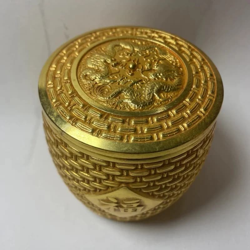 Ancient Crafts Baifu Tea Can Double Dragon Presenting Auspicious Pure Copper Fu Character Piggy Bank Home Decoration Collectible