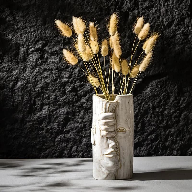 CAPIRON Abstract Face Ceramic Vase for Pampas Grass Dried Flower Container Retro Nordic Wabi Sabi Home Bookshelf Decoration Desk