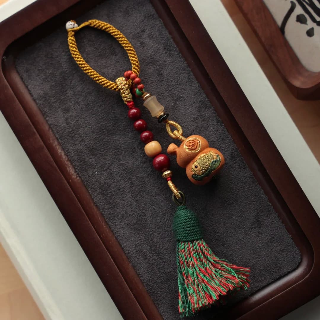 22G peach wood koi gourd keychain with cinnabar Buddhist bead hanging ornament cultural play accessories handmade DIY pendant