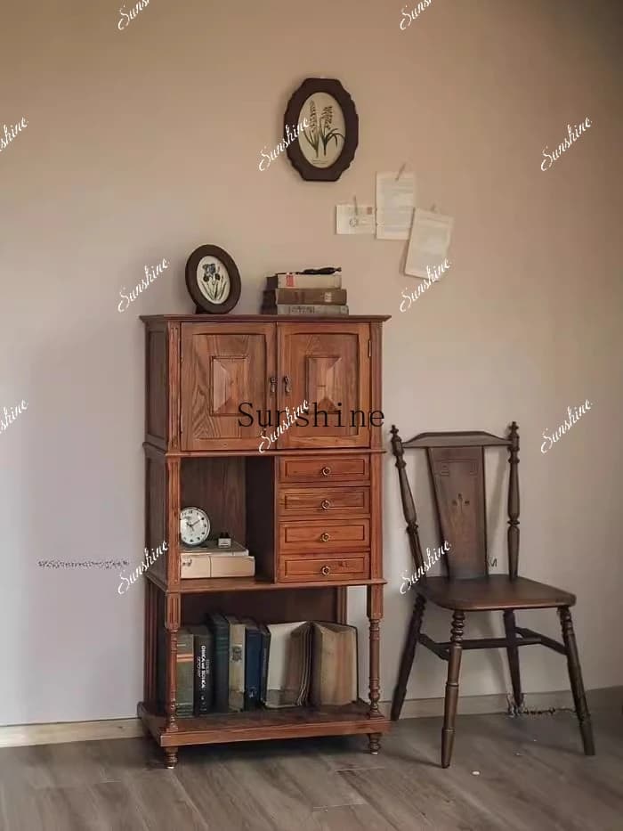 American nostalgic retro bookshelf bookcase medieval solid wood baffle shelf living room old chest cabinet locker side cabinet