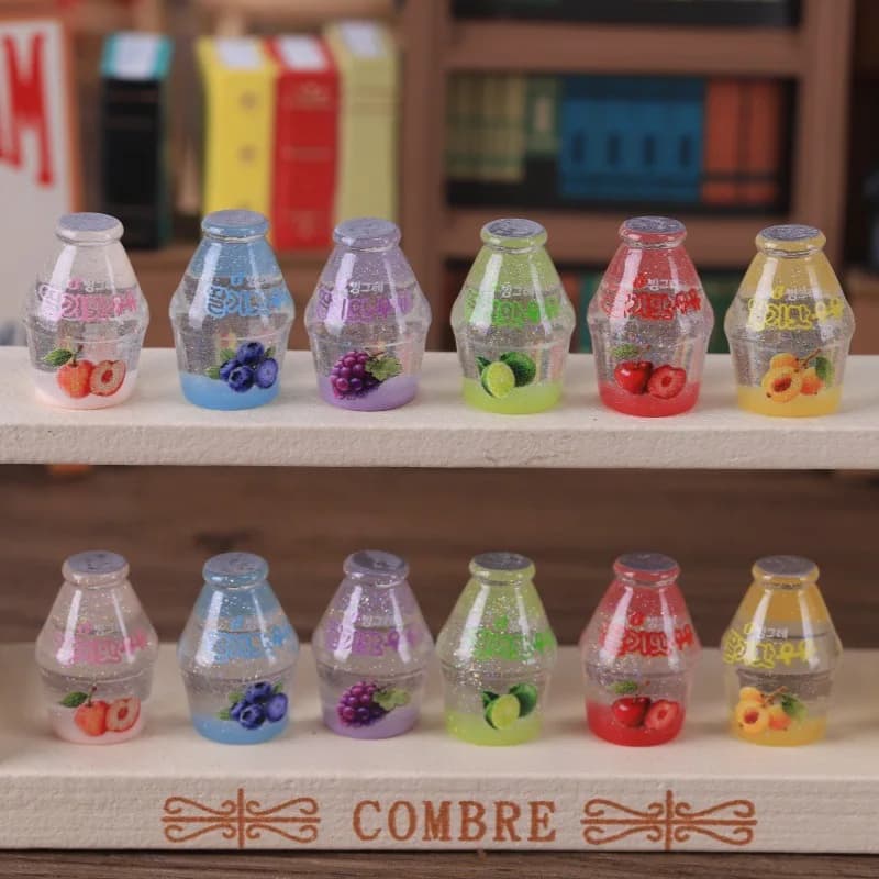 5pcs Mini Drink Bottles Transparent Fine Glitter Fruit Juice Model Store Scene Decor DIY Resin Accessories Desktop Miniature
