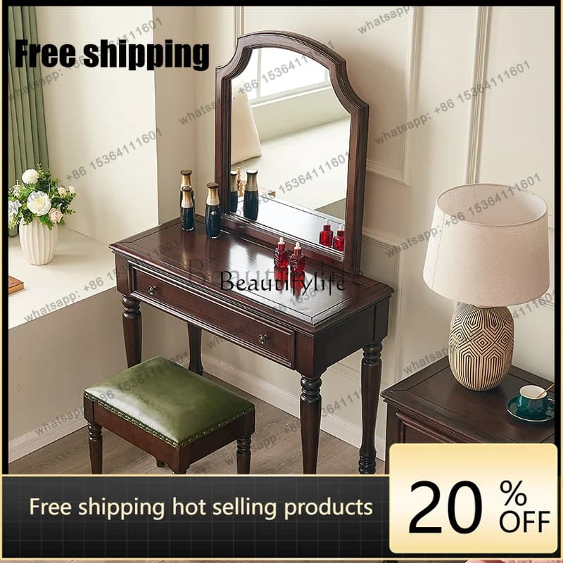 Factory Direct American Style Solid Wood Dressing Table Vintage Storage Integrated Light Luxury Makeup Table Multifunctional Bed