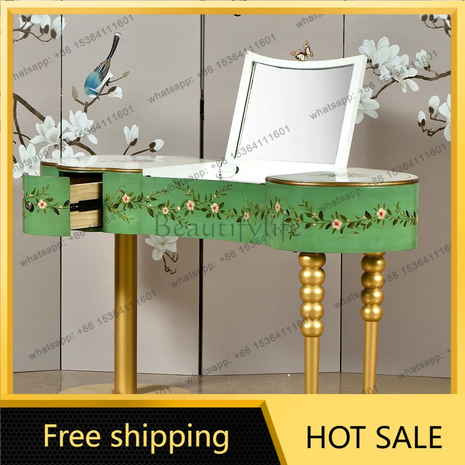 Factory Direct American Vintage Hand Painted Flower and Bird Dresser Bedroom with Mirror Makeup Table