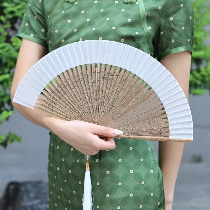 Carved Pattern Chiffon Folding Fan Pure Color Semi Transparent Small Summer Cooling Daily Fan for Women Cheongsam Dance Gift