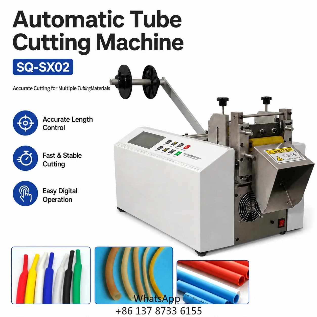 SQ-SX02 Automatic Tube Cutting Machine 0.1-9999.9 Mm Length 34 M/min 0.1-90 Mm Blade For Heat Shrink PVC Silicone PU Foam Tubing