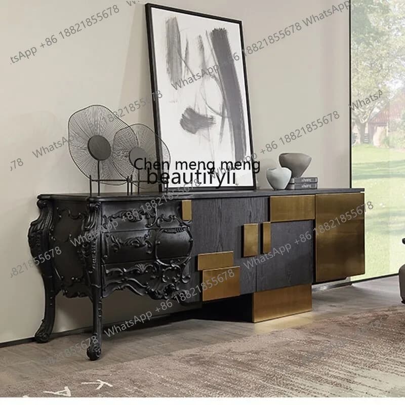 X French New Classical Wood Carved TV Cabinet European American Style Log Light Luxury Entrance Cabinet