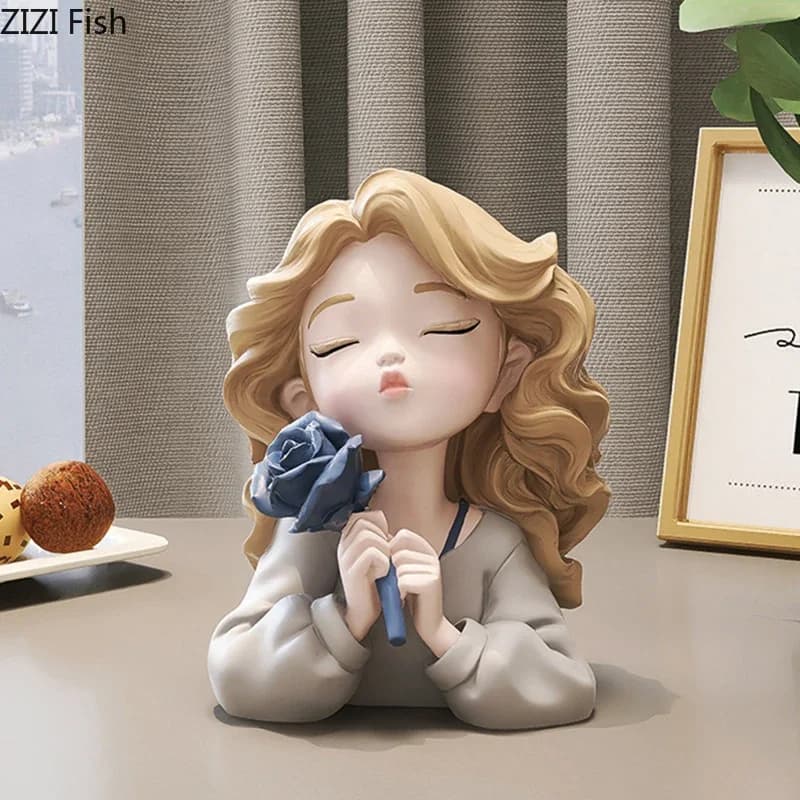 2026 New Wavy Blonde Hair Girl Figures Rose Flower Creative Statue Desk Decoration Exquisite Character Resins Sculpture Room