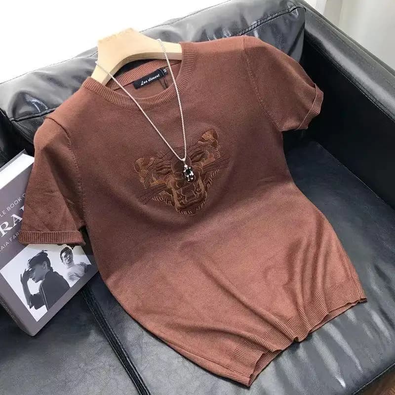 Summer New Casual Embroidery Knitted Base Shirt European and American Men's High Neck Water Ripple Solid Color T-shirt M-5XL