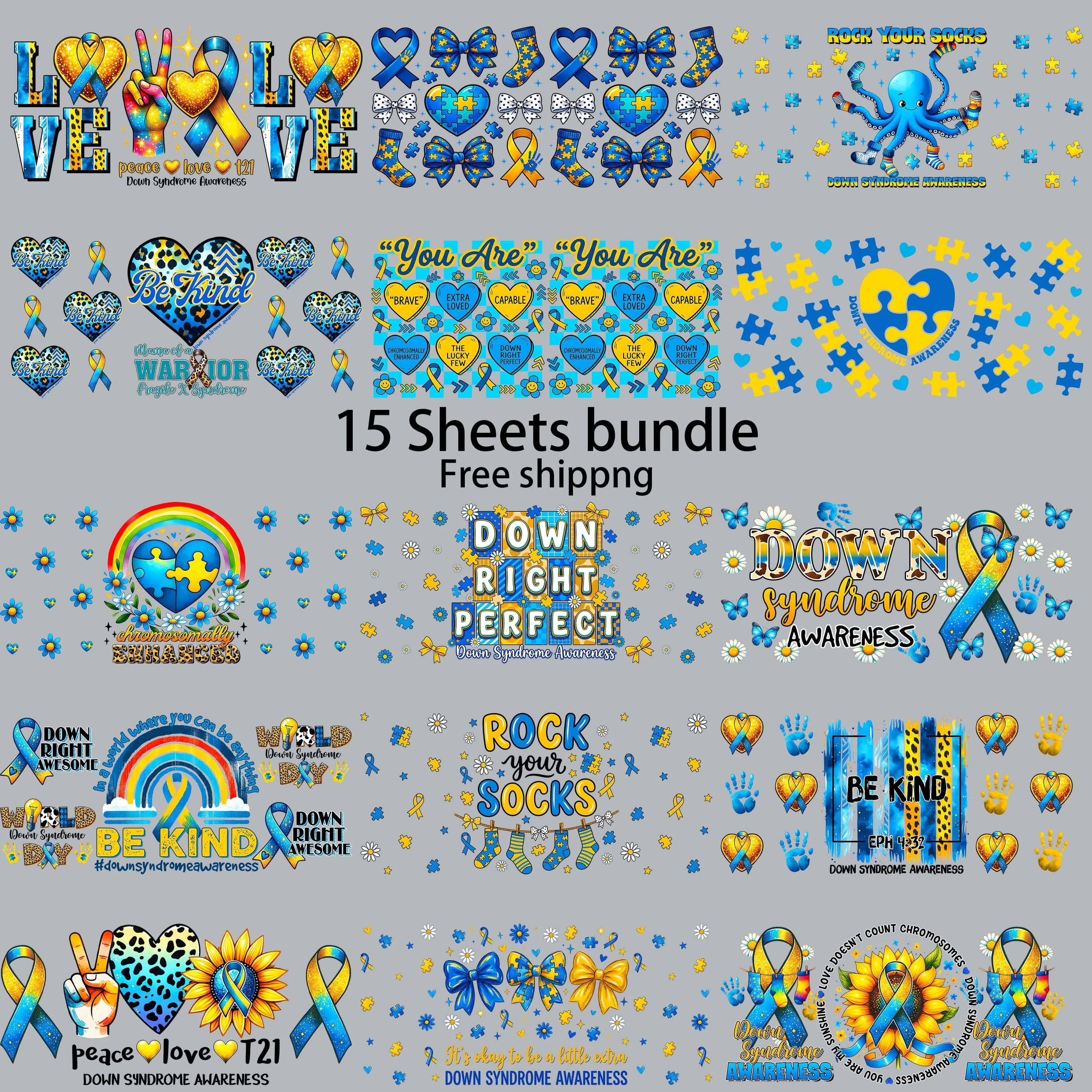 15pcs Down Syndrome Autism Awareness 16oz UV DTF Sticker Waterproof DIY Decals 3D transfers uvdtf stickers uv dtf cup wrap