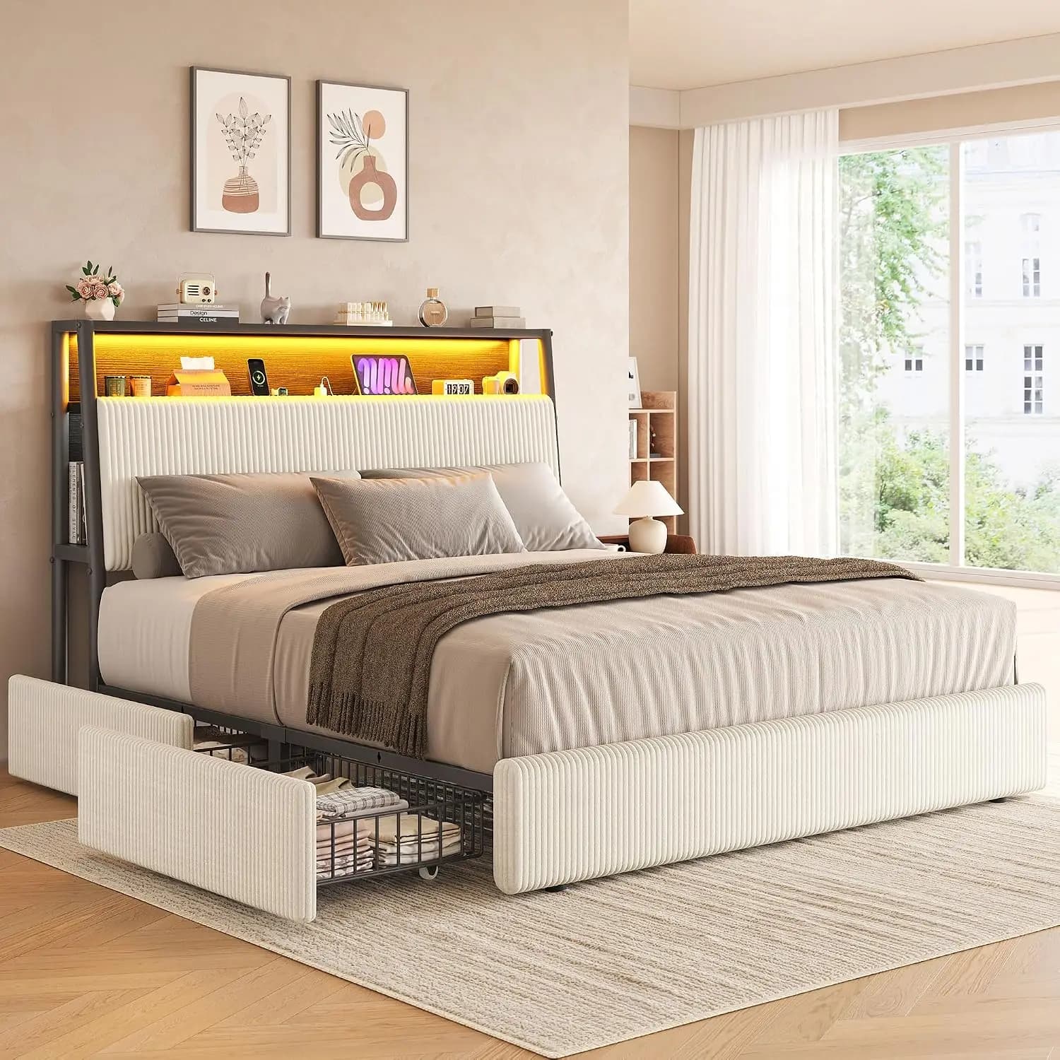 Upholstered Queen LED Bed Frame with 2 Storage Drawers & Charging Station