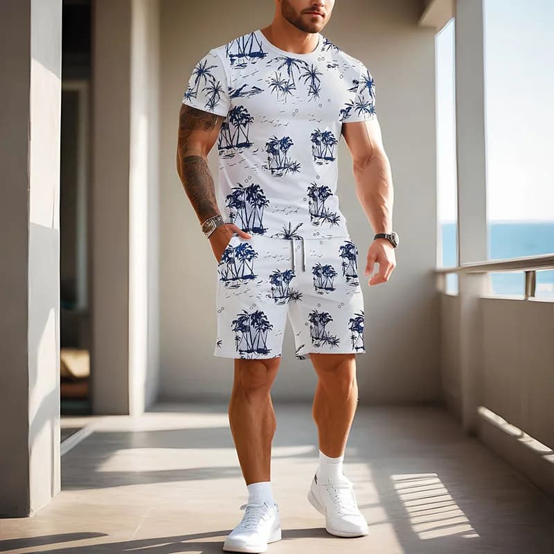 Men's Large Size Quick Drying Breathable Beach Leisure Set Outdoor Fashion Leisure Slow Running Short T-shirt Shorts 2-piece Set