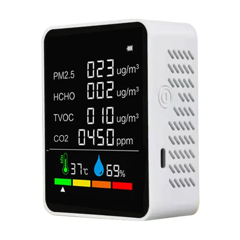 6-in-1 PM2.5 HCHO TVOC CO2 Air Quality Detector with High-Precision Sensor & Rechargeable Battery for Home Office