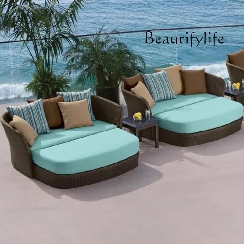 M Rattan Sofa Bed Outdoor Table And Chairs Patio Bed Three-piece Rattan Round Balcony Round Beach Bed