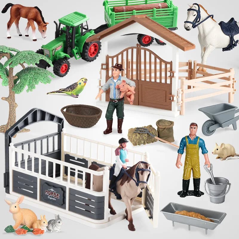 Simulation Pretend Play Toys Knight Horse Farm Animal Model Set Fencing Farm Truck Scene Decorations Teaching Aids
