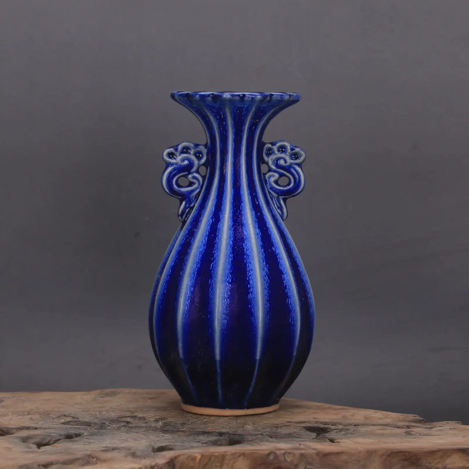 8.46" Chinese Song Porcelain Jun Kiln Blue Glaze Guarang Double Ear Vase