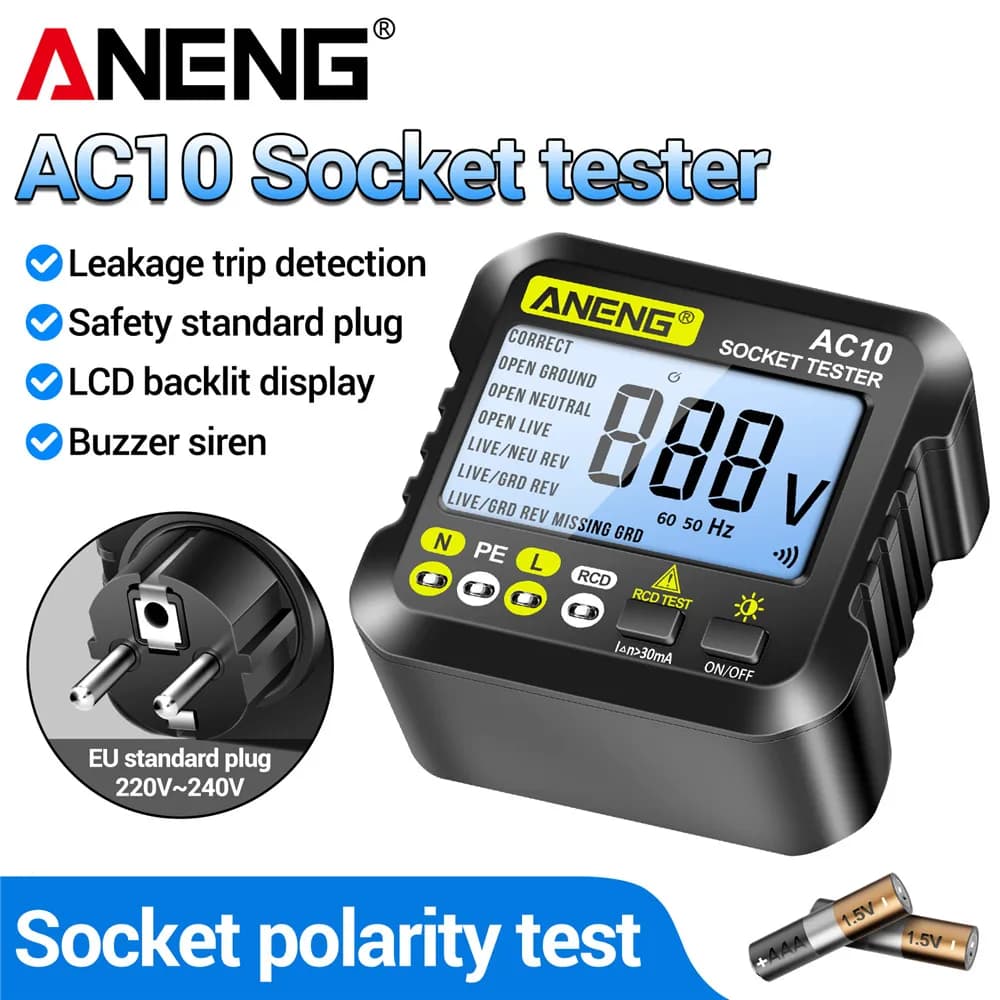 Socket Tester Plug Detector Zero Line Plug Polarity Phase Check Phase Detector US/EU Plug Multimeter Digital Tester ANENG AC10