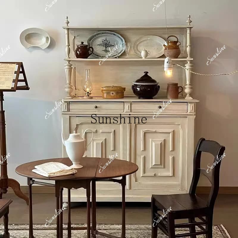 Nostalgic vintage side cabinet medieval solid wood ivory white display locker rack  FT