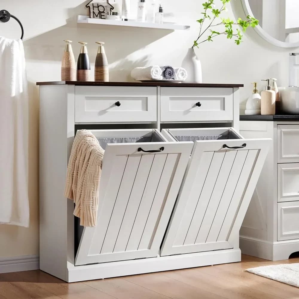 Double Tilt Out Trash Cabinet, Hidden Wooden Trash Can Cabinet, Farmhouse Laundry Hamper Cabinet, Garbage Can Bin Cabinet