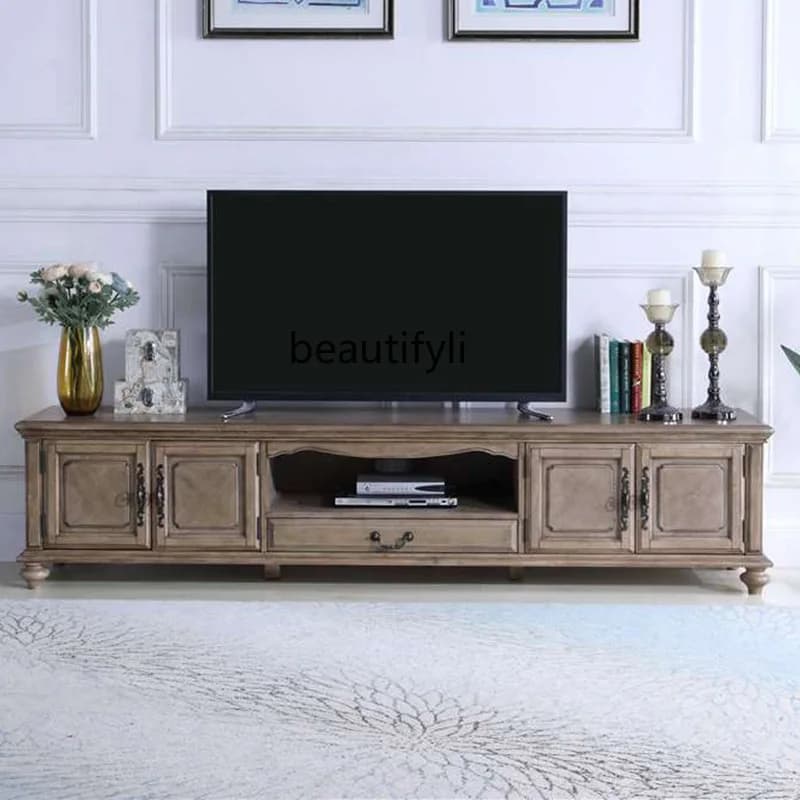 American Solid Wood TV Cabinet Nordic Light Luxury Living Room TV Cabinet and Tea Table Floor Cabinet Combination
