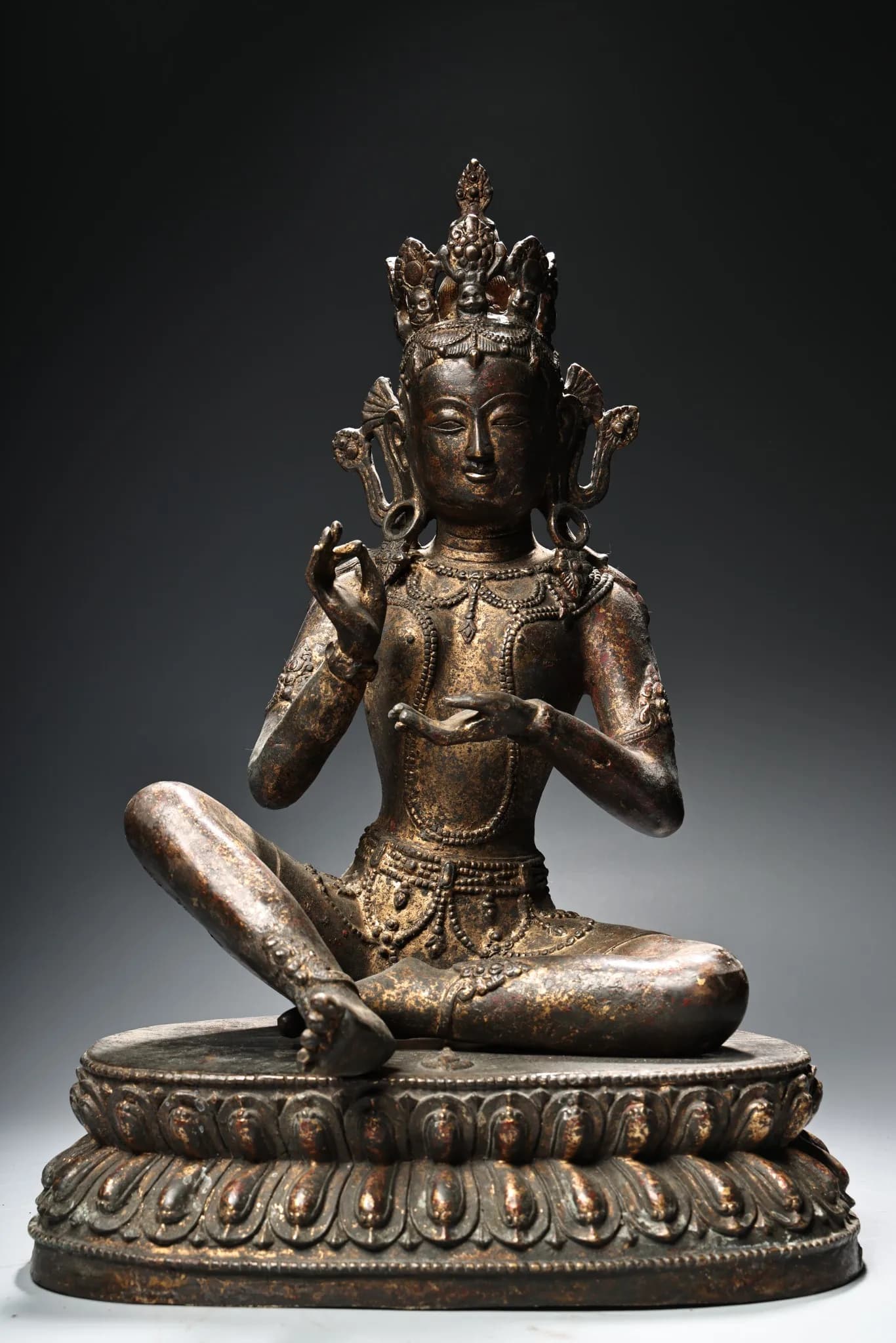 13"Tibetan Temple Collection Old Bronze Gilded Cinnabar Green Tara sitting Buddha Double Lotus Terrace Amitabha Worship Hall