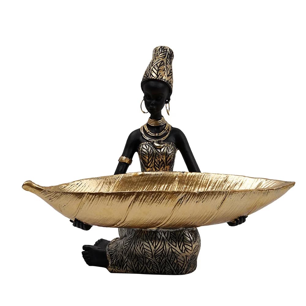 1PCS African Girl Holding a Plate Sculpture, Home and Office Decorative Storage Ornament, Vintage Collectible Craft Deskt Decor