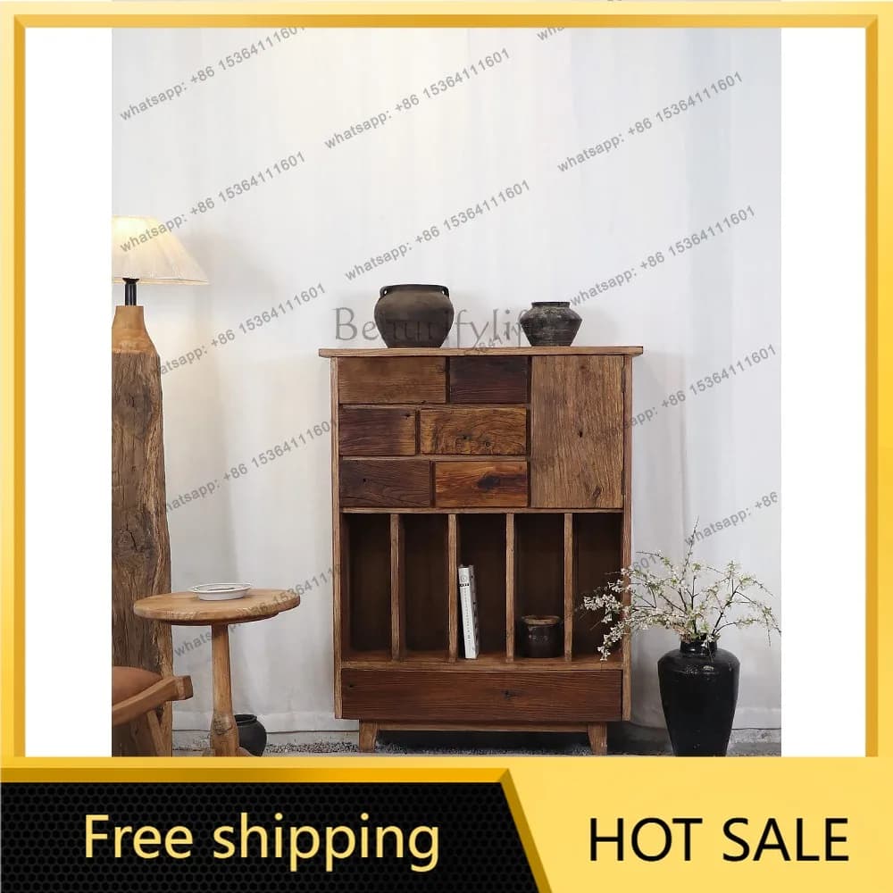 FG wabi-sabi wind solid wood dining side cabinet old elm decorative storage medieval entrance cabinet