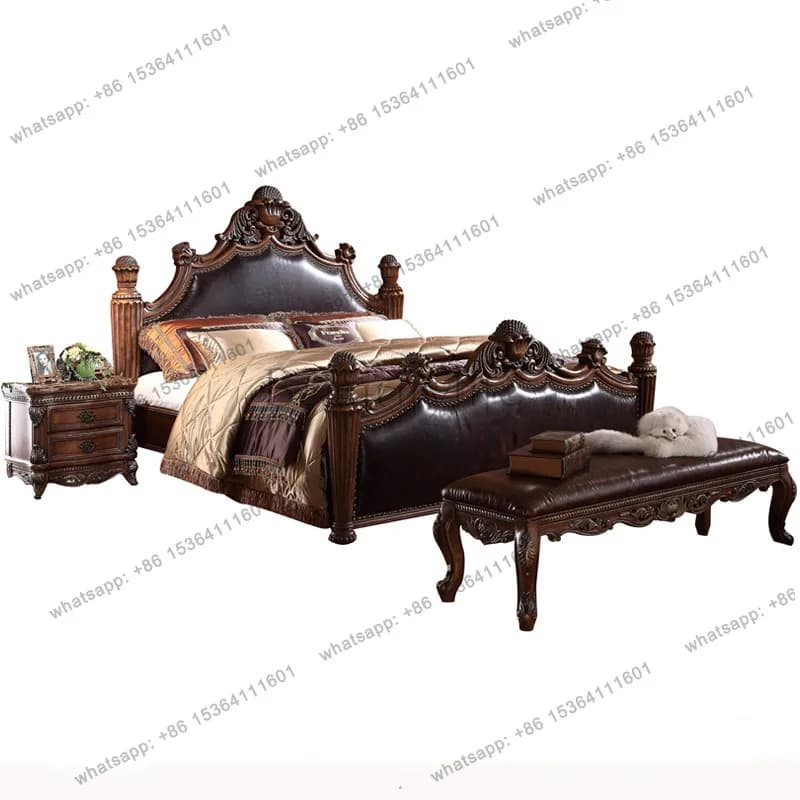 American European leather full solid wood carving flower double bed high-end wedding bed hotel villa bedroom furniture