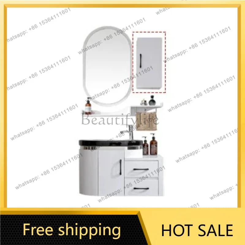 YJ Rounded Wash Vanity Unit Wall Hung Curved Cabinet with One-Piece Basin Storage Drawers & Matching LED Oval Medicine Mirror