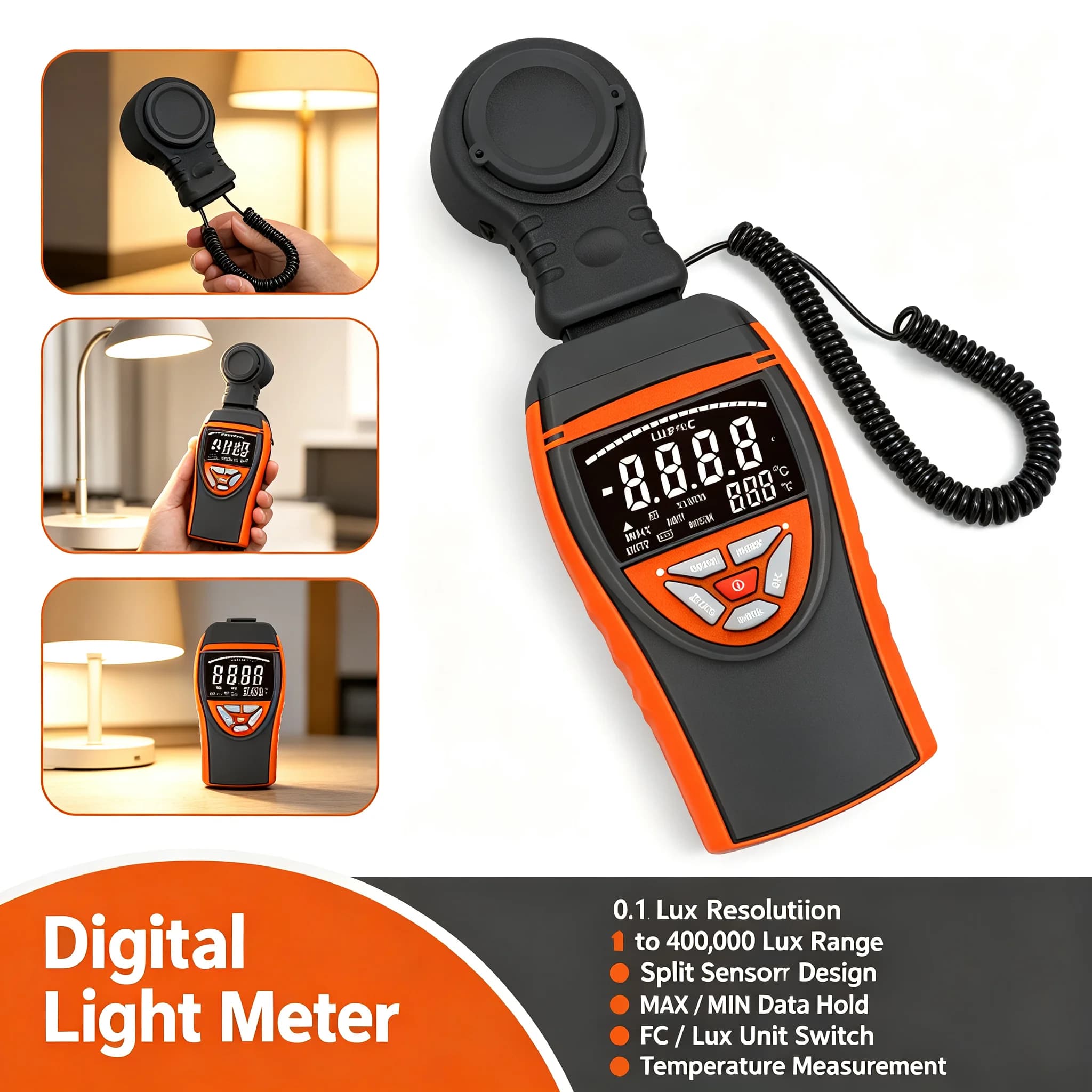 Digital Lux Meter Light Meter 400,000 Lux/FC Illuminance Tester LCD Display Temp Measure for Photography Plants Indoor Office