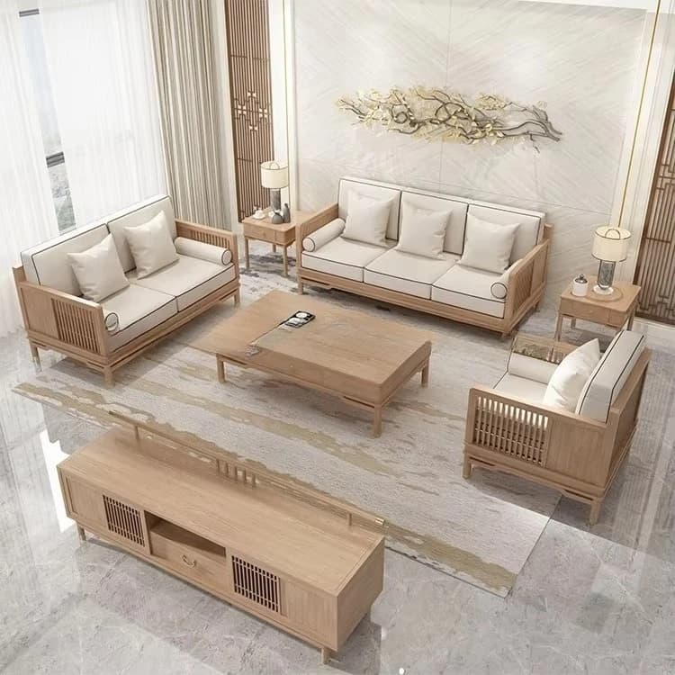 a4  new chinese style solid wood sofa set - ash wood living room three-seater wooden fabric sofa