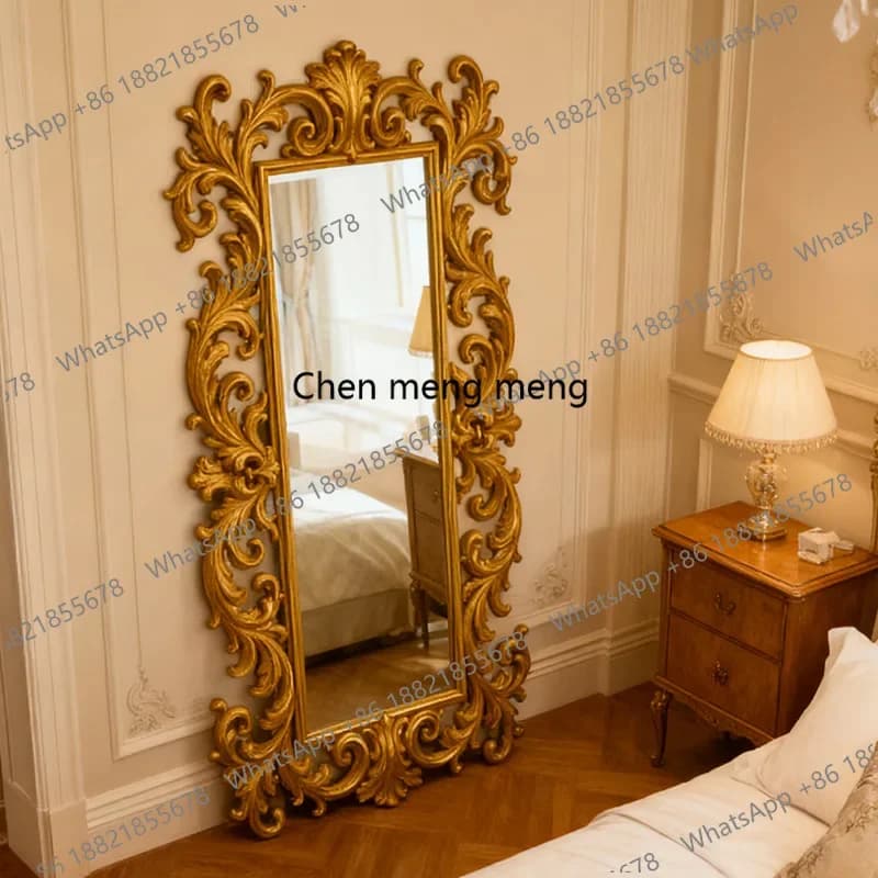 R Luxury carved wooden frame floor mirror French retro clothing store full body dressing, fitting mirror