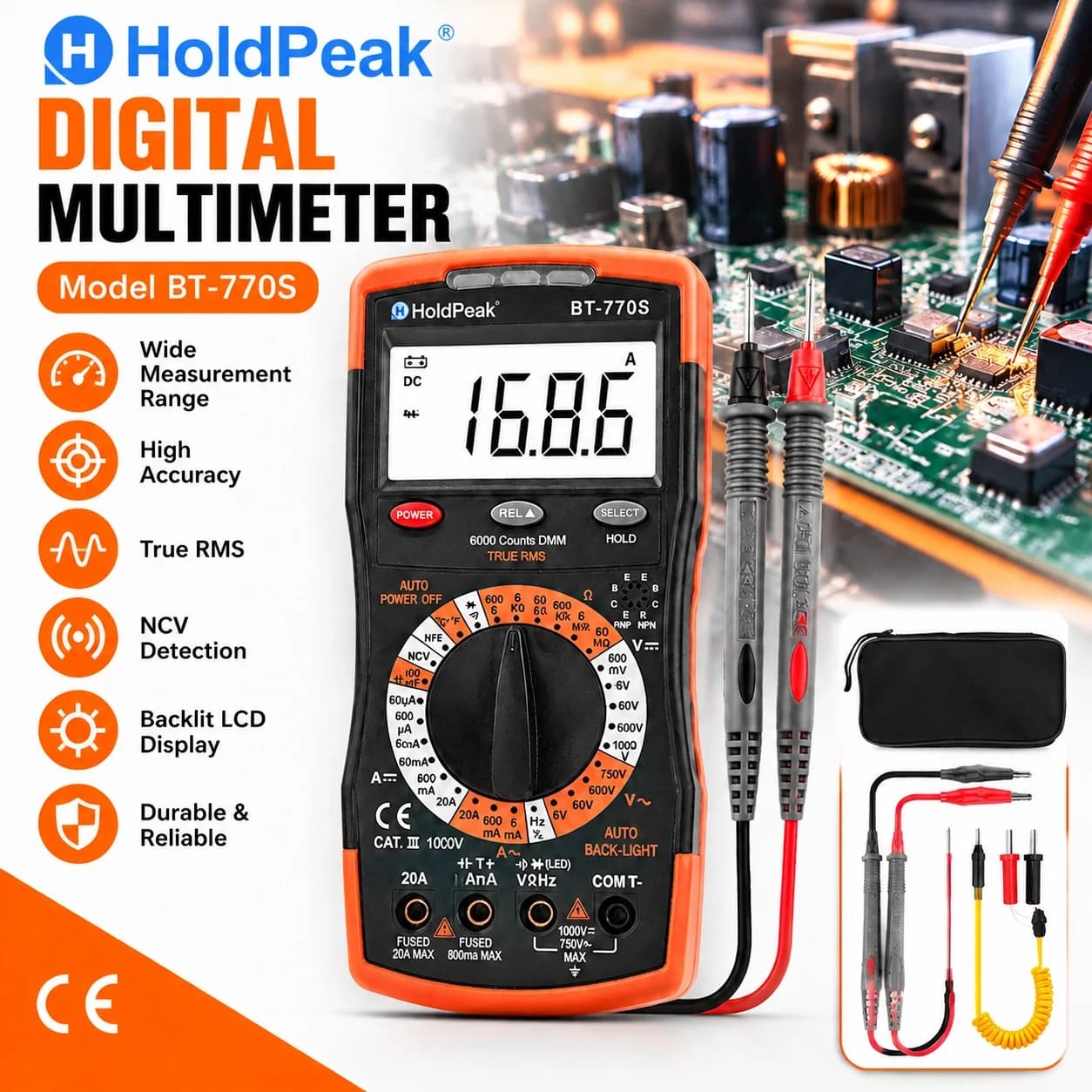 HoldPeak 770S True RMS Digital Multimeter 6000 Counts Auto Range NCV Temp Cap Freq hFE Auto Backlight CAT III 1000V