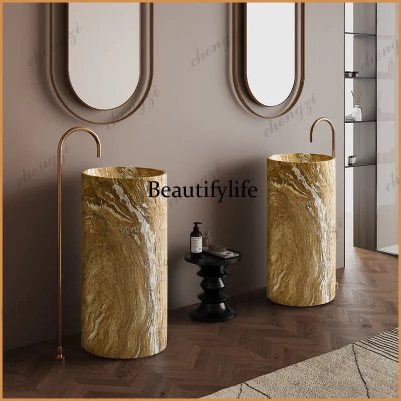 Z138 medieval style wabi sandy wind marble floor-to-ceiling wash basin hotel homestay bathroom wash table column basin