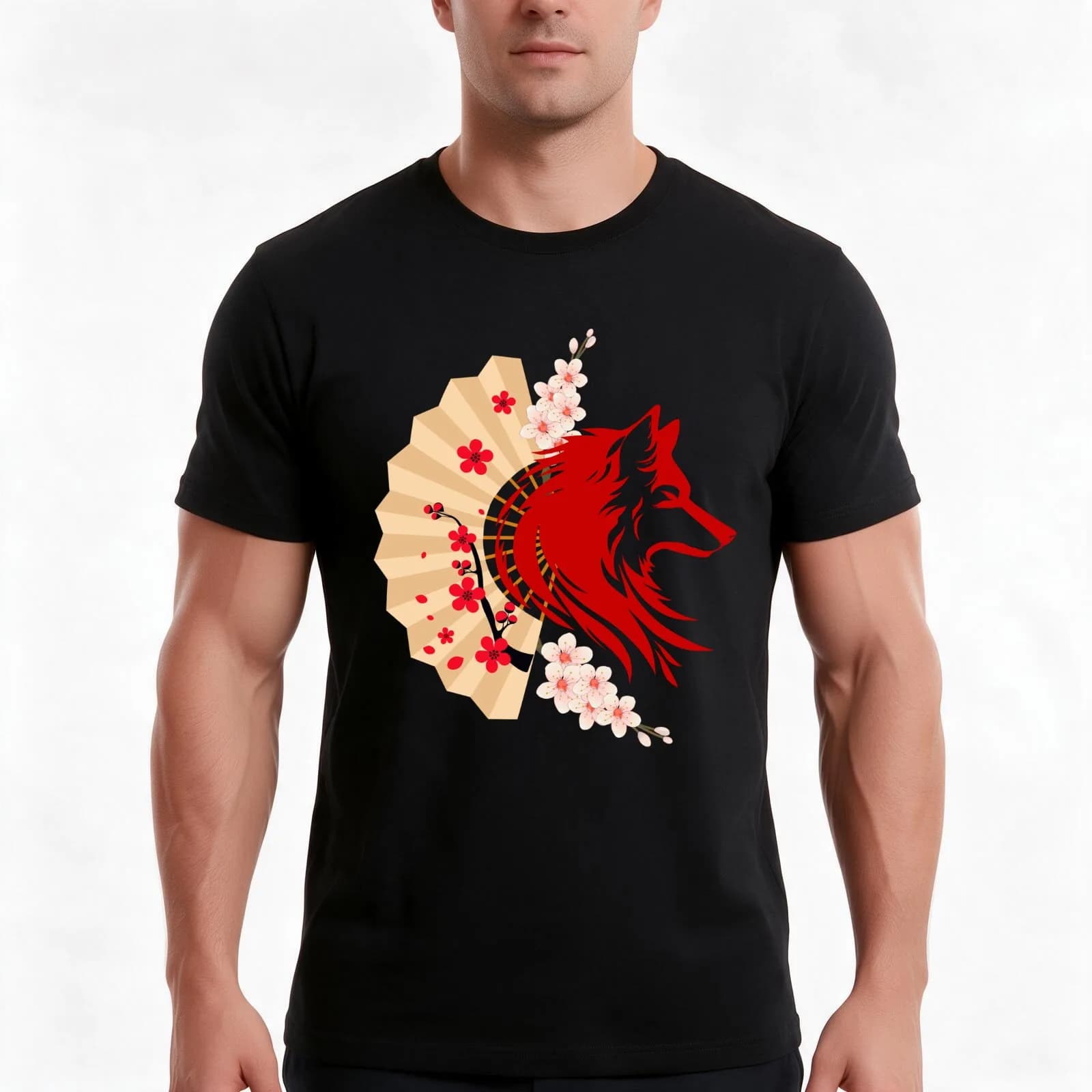 Japanese wolf lover colorful wolf with flowers T-Shirt, Summer Casual Cotton Tee, Oversized Streetwear Tops, Unisex Men Women