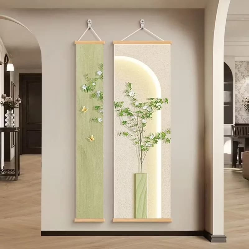 Green Zen Bamboo Wall Art Scroll Set Aesthetic Room Decor for Living Room Entryway Hallway Healing Space Wellness Center