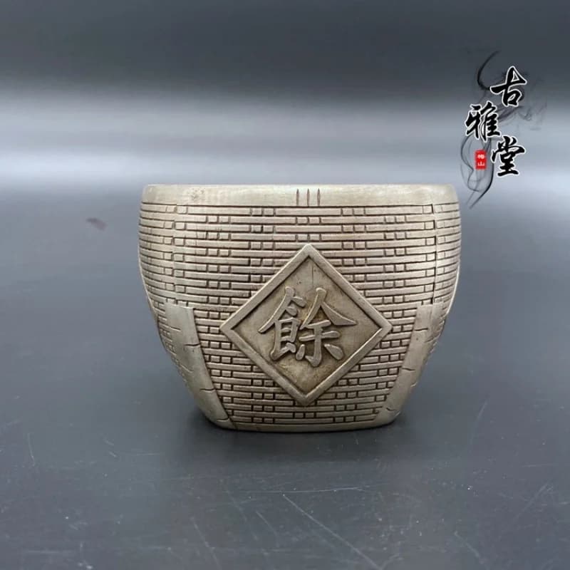 Vintage pure ornament , "Abundance Every Year" , white copper small water jar, tea pet, desktop orname
