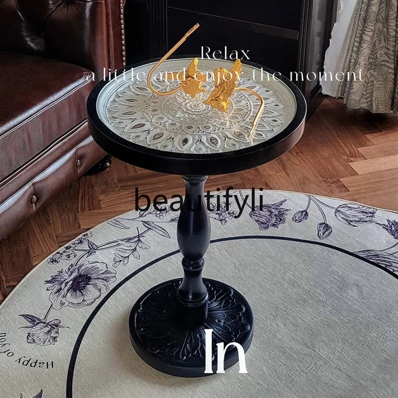 yj58 French retro sofa edge few solid wood carved medieval B & B leisure balcony glass coffee table