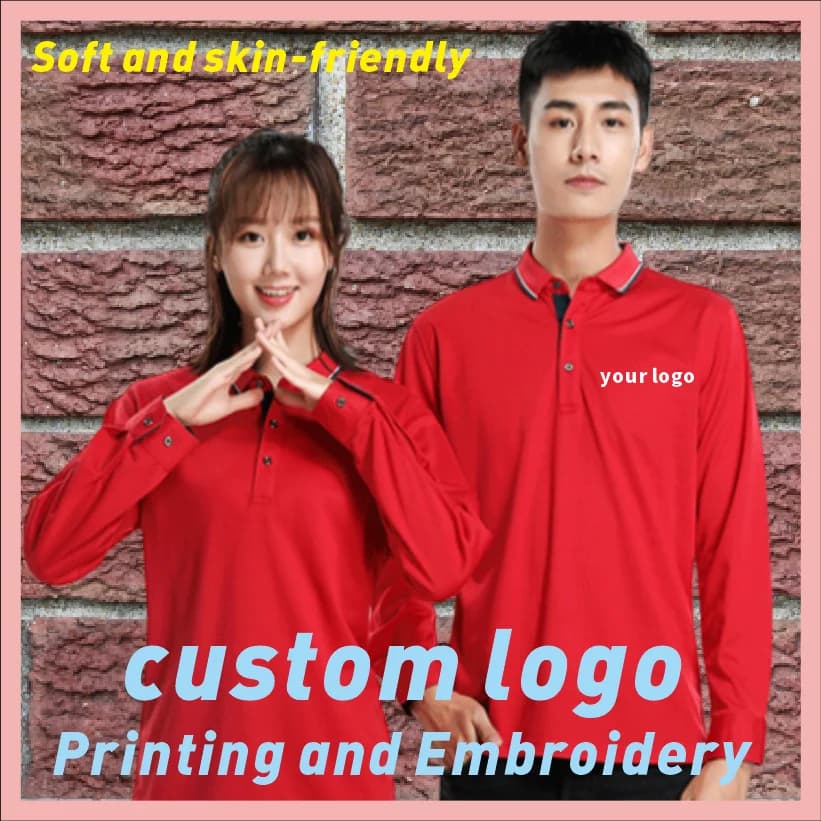 High end pure cotton spandex long sleeved T-shirt and polo shirt with printed embroidered logo for men and women's work clothes